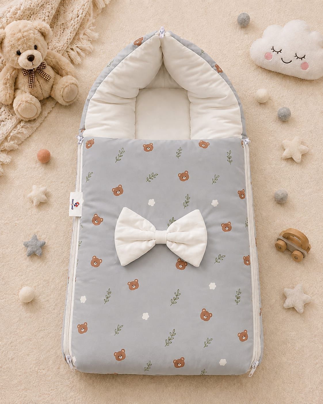Fancy Baby Carry Nest – Gray Color & Printed Design| Soft & Cozy Newborn Sleeping Bed