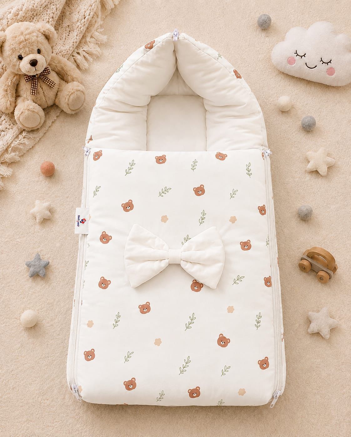Baby Carry Nest – Unisex Little Bear Print | Soft & Cozy Newborn Sleeping Bed