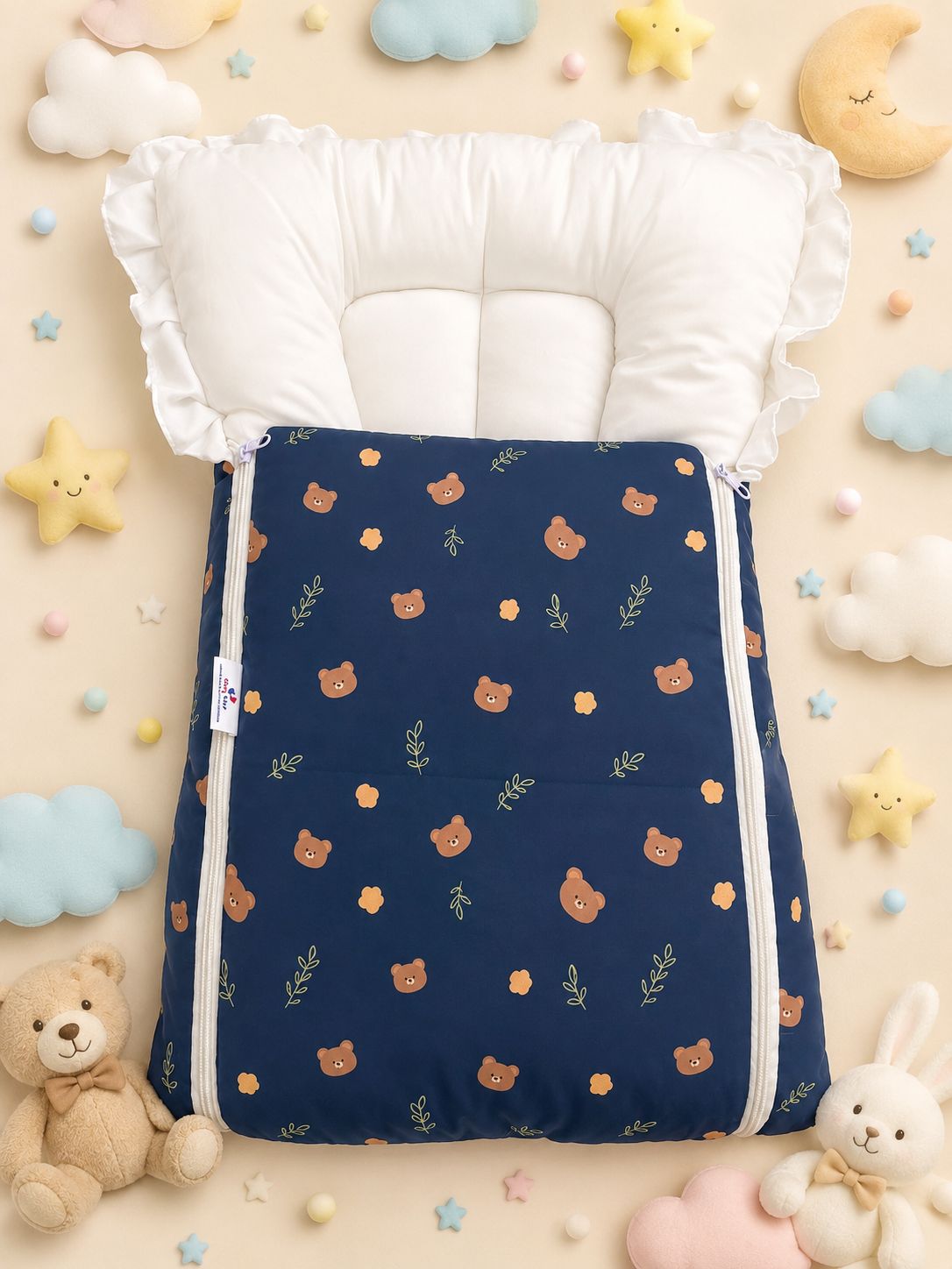 Baby Carry Nest – Blue & Little Bear Print | Soft & Cozy Newborn Sleeping Bed