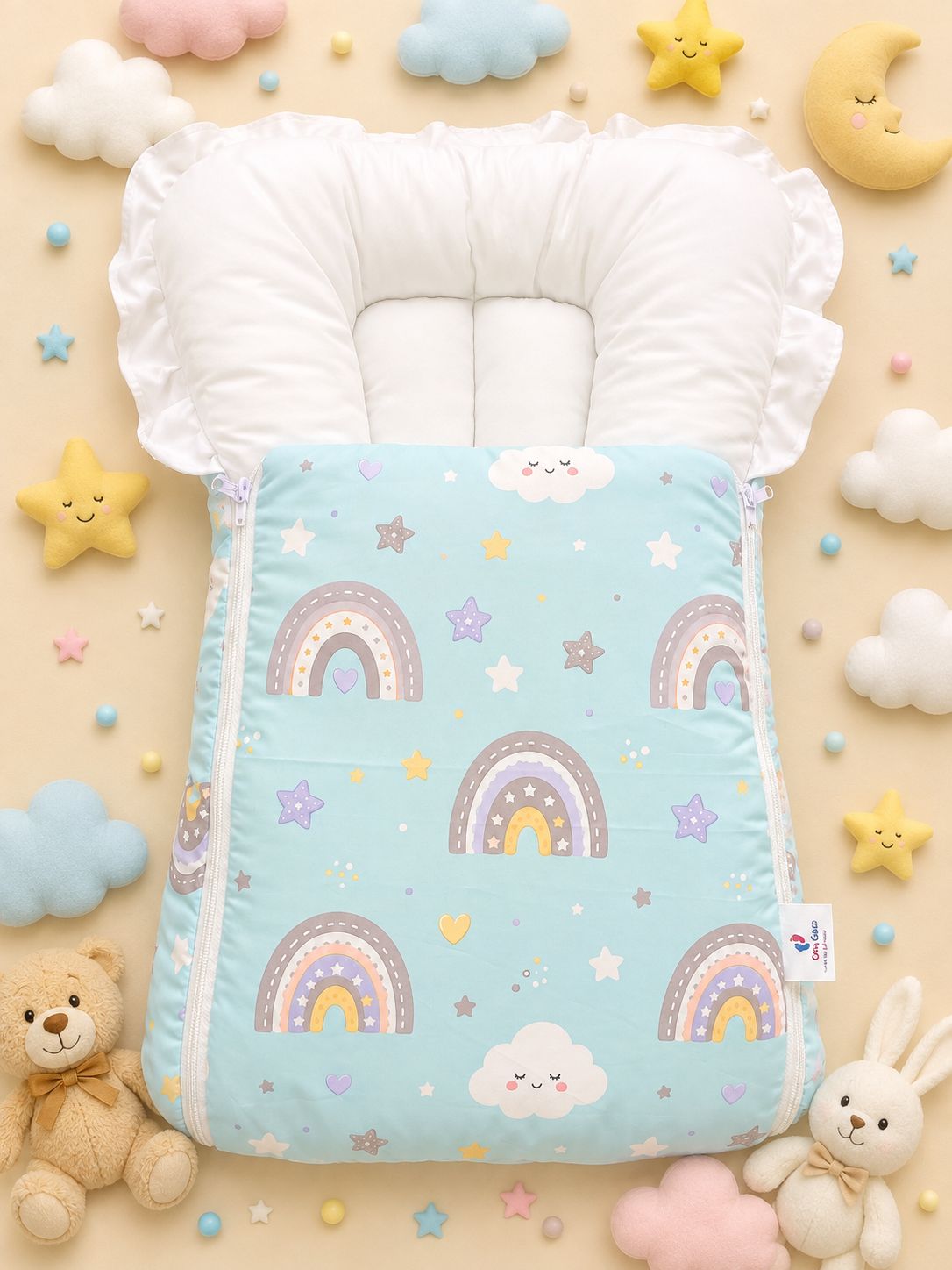 Baby Carry Nest – Light Blue Rainbow & Clouds Design | Soft & Cozy Newborn Sleeping Bed