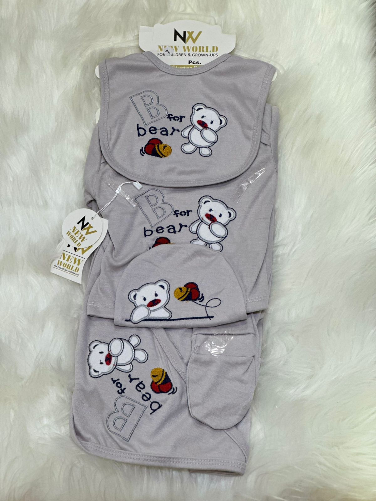11 Pcs Newborn Baby Starter Set – Mist Grey | 2 Character Design Suits & Baby Essentials