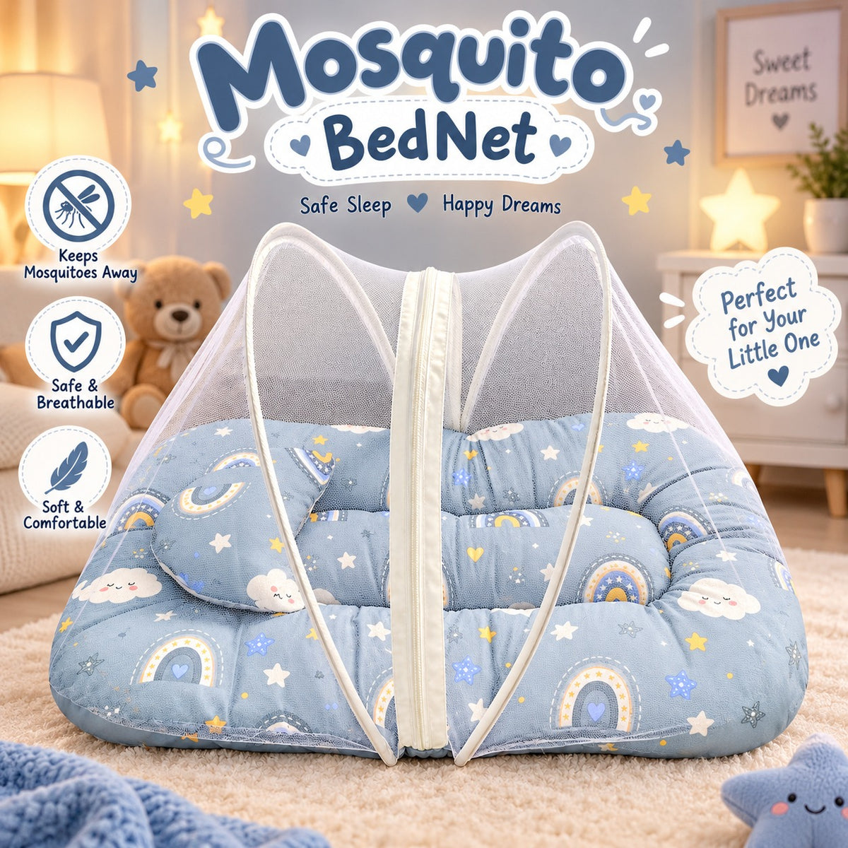Baby D Net Mosquito Nest – Unisex - Printed Nest | Soft & Comfortable Newborn Bed