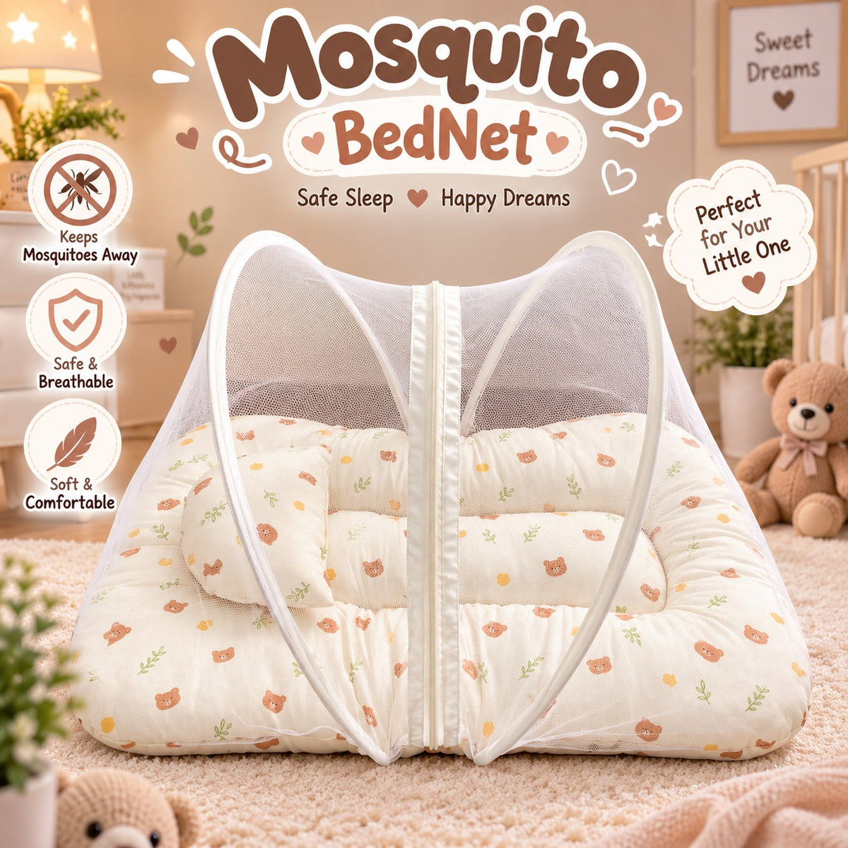 Baby D Net Mosquito Nest –   Cream Color & Printed Nest | Soft & Comfortable Newborn Bed