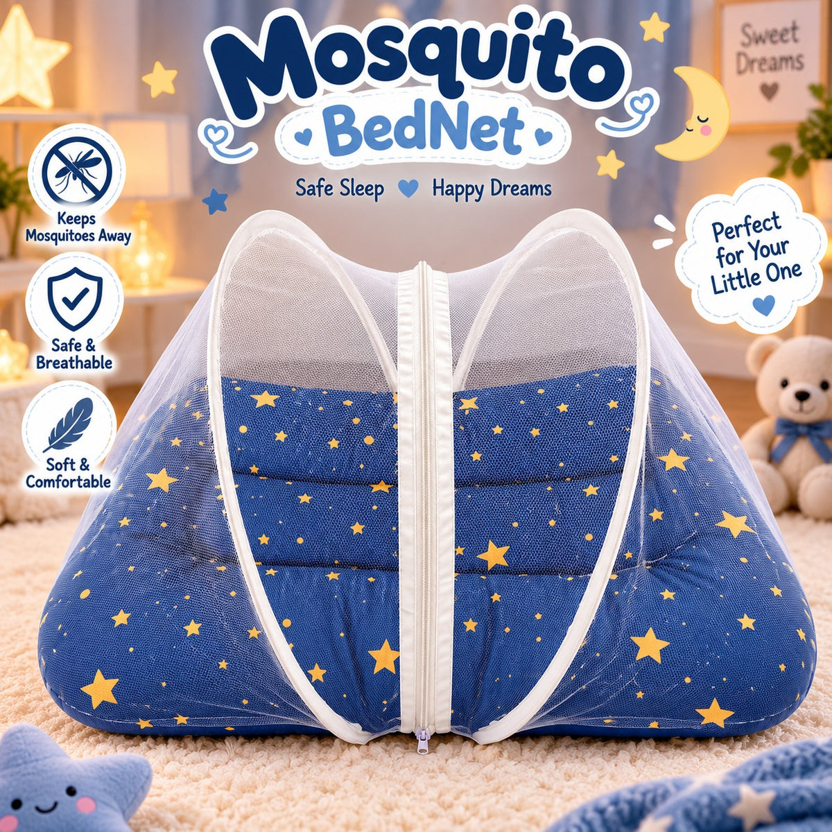 Baby D Net Mosquito Nest – Navy Blue Star Print | Soft & Comfortable Newborn Bed