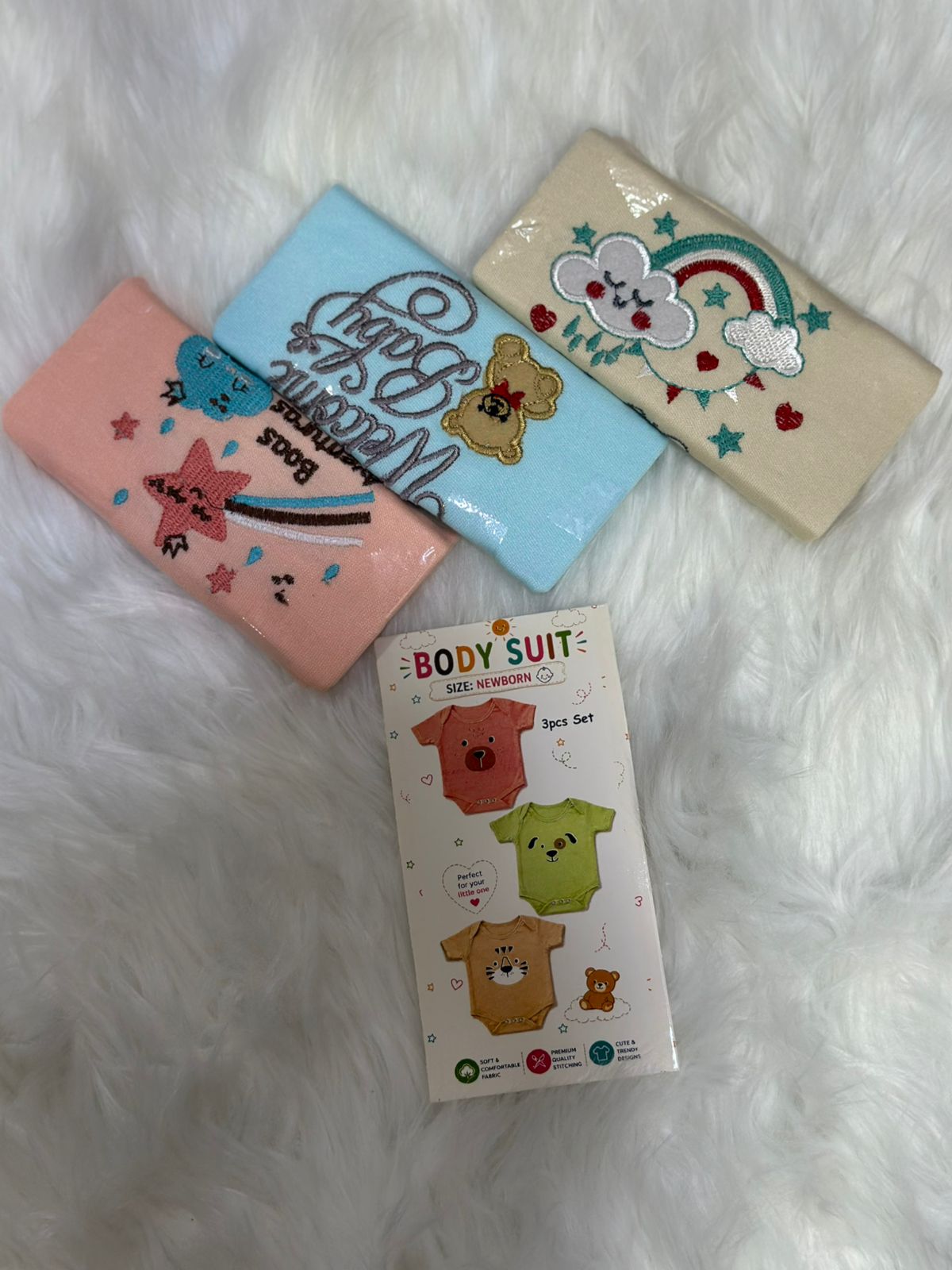 3 Pcs Newborn Bodysuit Set –  Printed Designs | 0–3 Months
